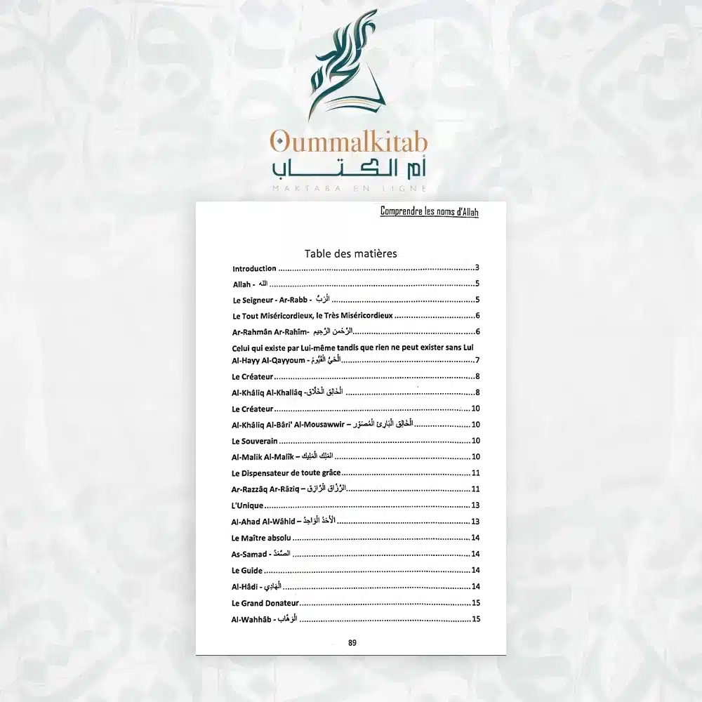 Sommaire du livre Comprendre les Noms d’Allah répertoriant les premiers noms divins : Allah, Ar-Rabb, Ar-Rahmân, Ar-Rahîm, Al-Malik, Ar-Razzâq, Al-Ahad, As-Samad et Al-Hâdî.