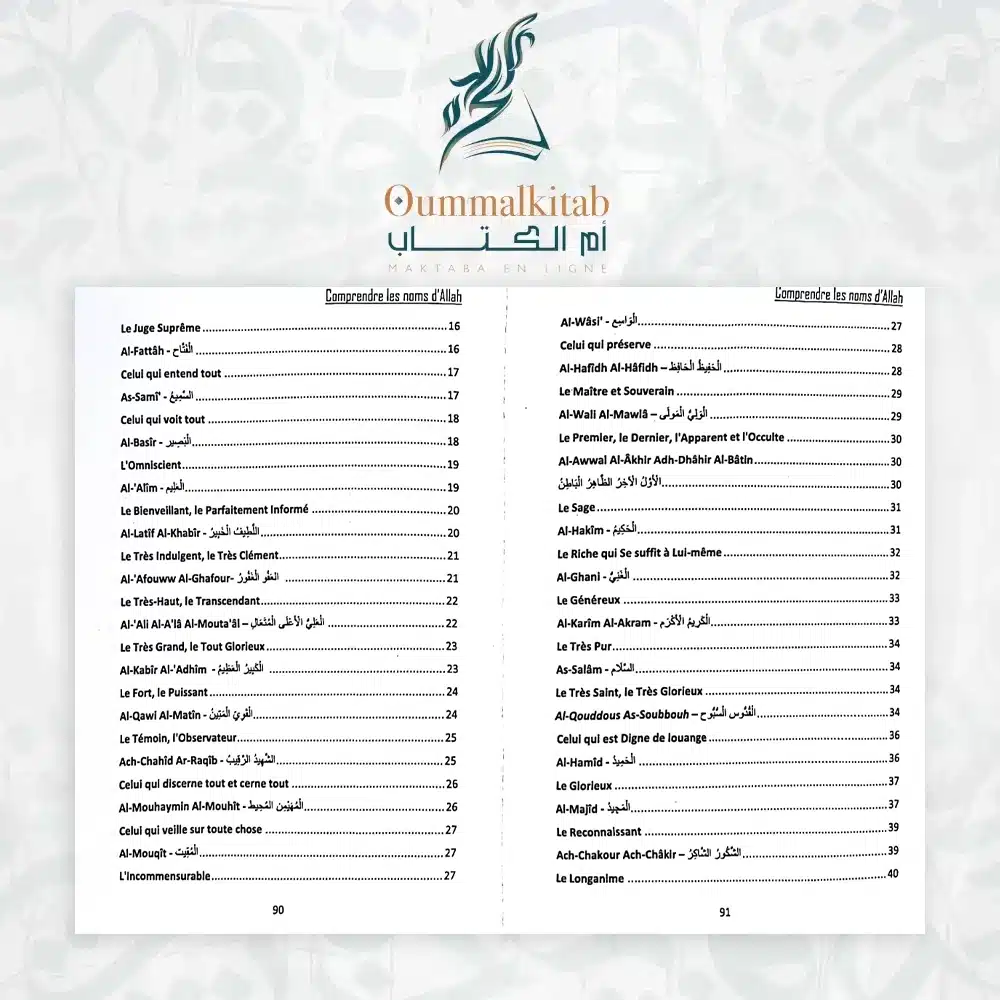Sommaire du livre Comprendre les Noms d’Allah avec les noms divins comme Al-Fattâh, As-Samî‘, Al-‘Alîm, Al-Qawiyy, Ash-Shahîd, Al-Moujîb et Al-Karîm.