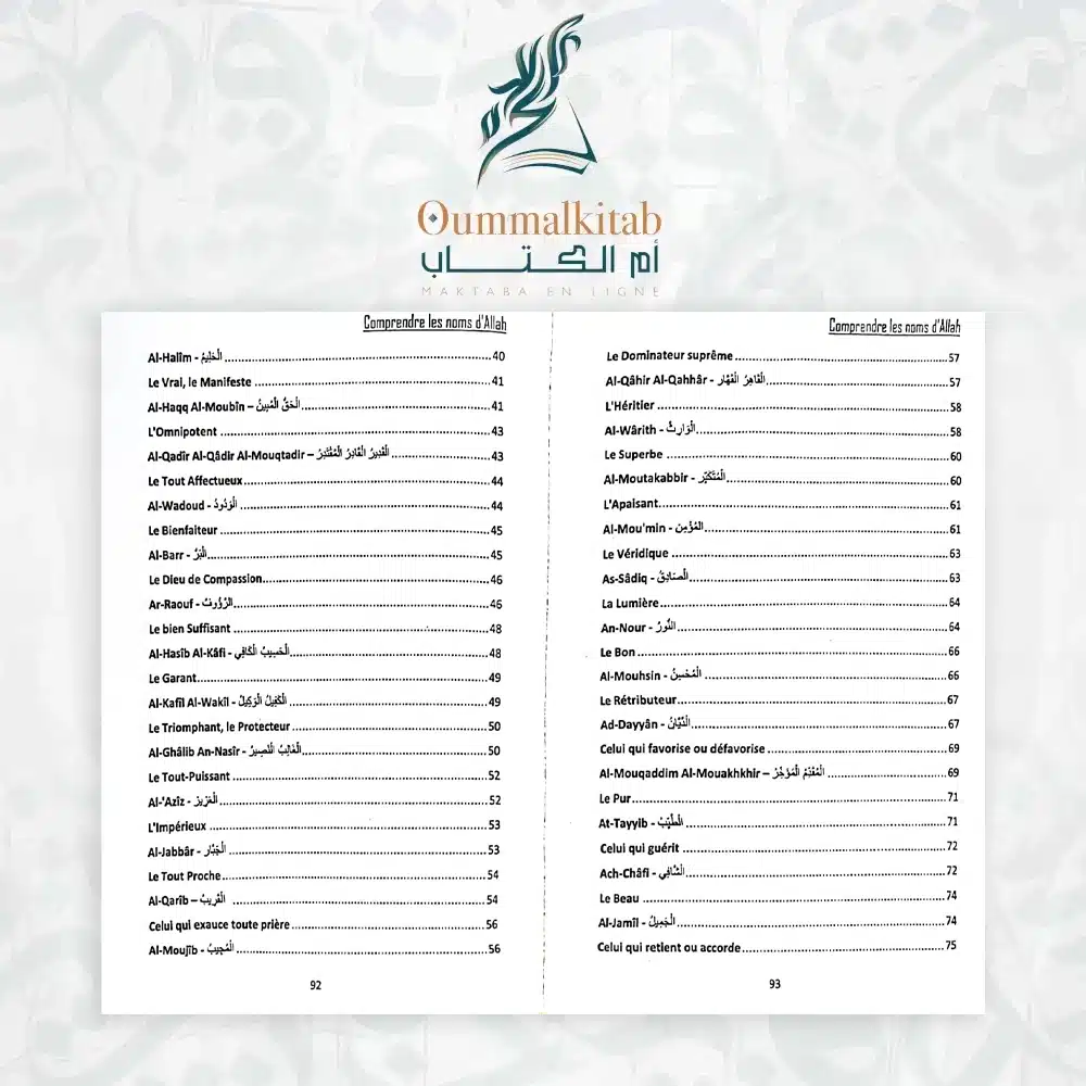 Sommaire du livre Comprendre les Noms d’Allah présentant les noms divins tels que Al-Halîm, Al-Wadoud, Ar-Ra'ouf, As-Sabûr, Al-Qahhâr, Al-Malik et d’autres.