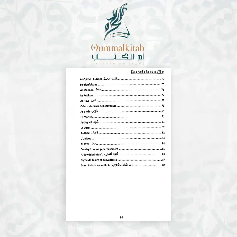 Sommaire du livre Comprendre les Noms d’Allah listant les noms divins du Bienfaisant, du Pudique, du Maître, du Doux et du Noble.